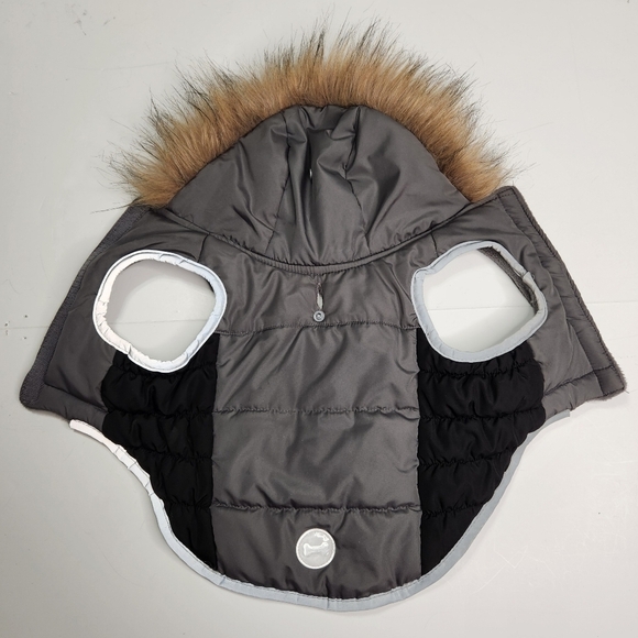 Simply Wag Puffy Dog Coat Small Faux Fur Hood Snapback Reflective Harness Hole - Picture 5 of 15